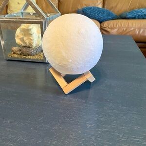 White Moon Sphere Decorative Accent on Wooden Stand
